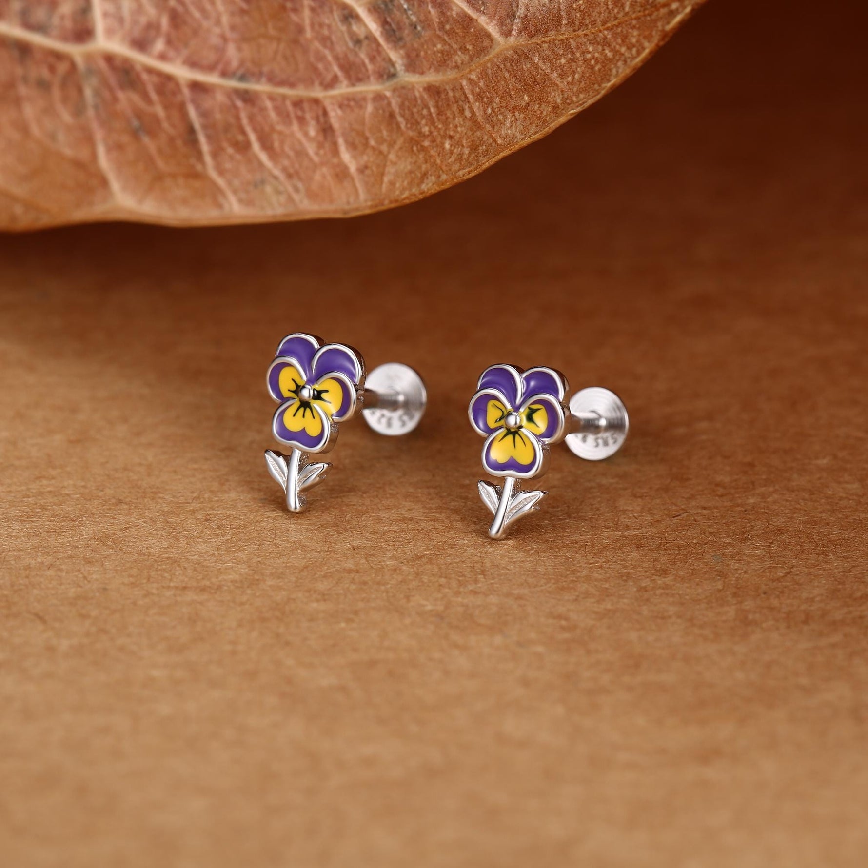 Sterling Silver Enamel Pansy Flower 16G Flat Back Earrings