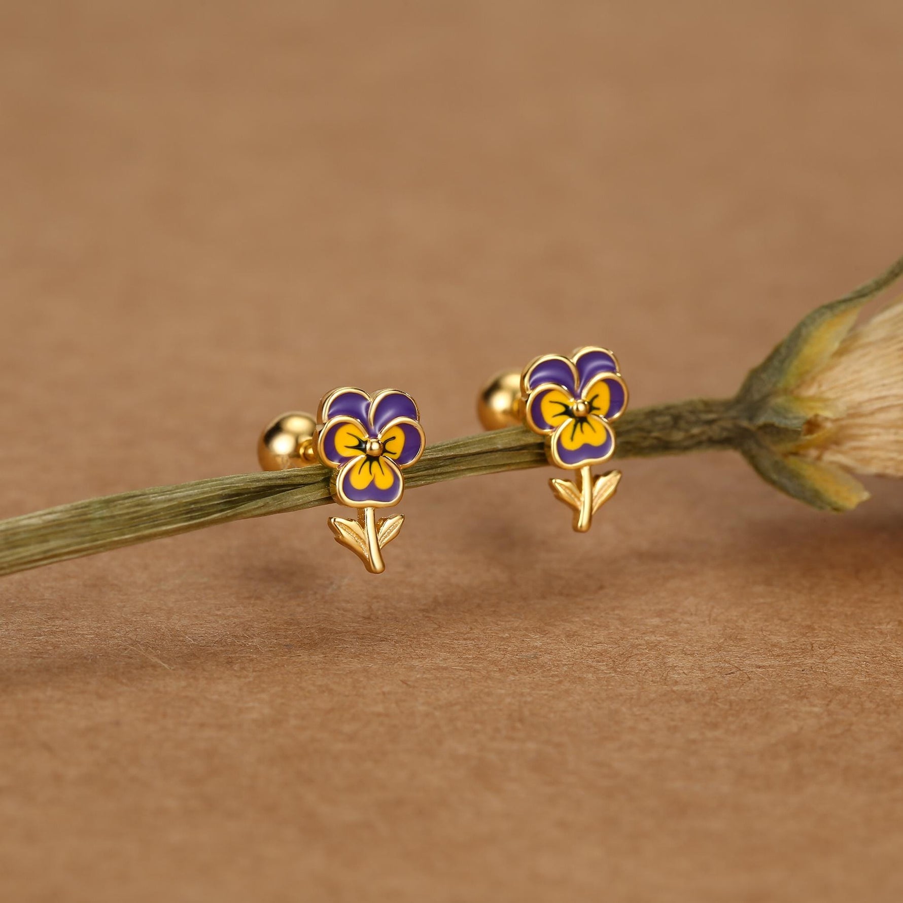 Sterling Silver Enamel Pansy Flower 18G Screw Back Earrings