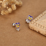 Sterling Silver Enamel Pansy Flower 18G Screw Back Earrings