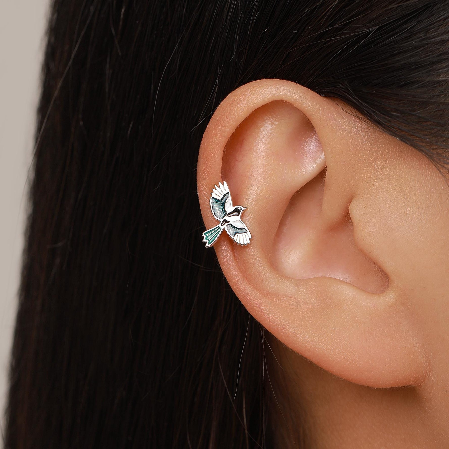 Sterling Silver Enamel Magpie Piercing Free Ear Cuff