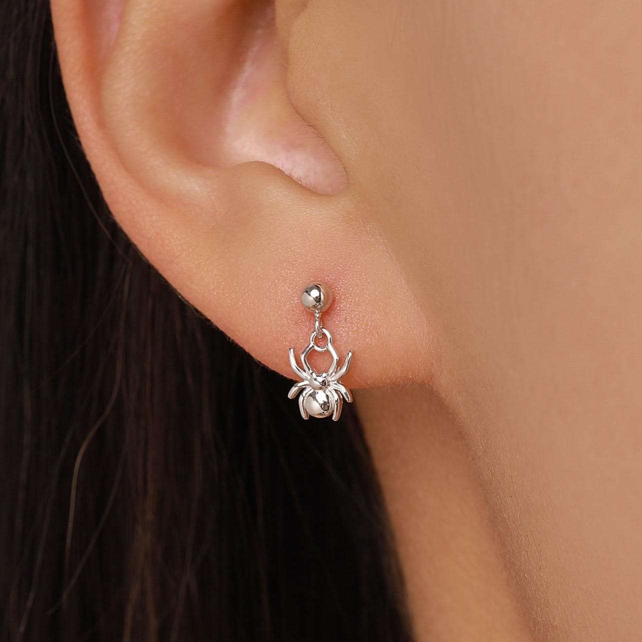 Sterling Silver Spider Drop Stud Earrings