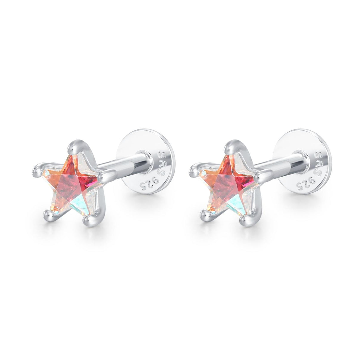 Sterling Silver AB Aurora CZ Star Flat Back Labret Earrings