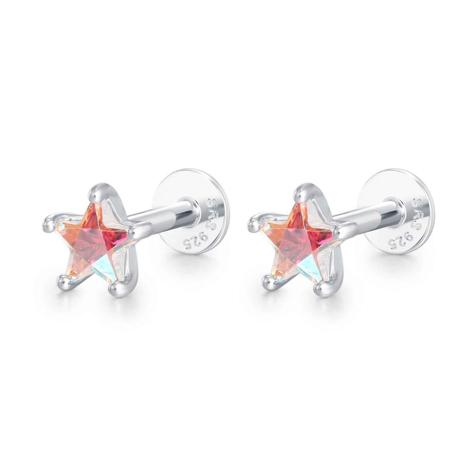 Sterling Silver AB Aurora CZ Star Flat Back Labret Earrings