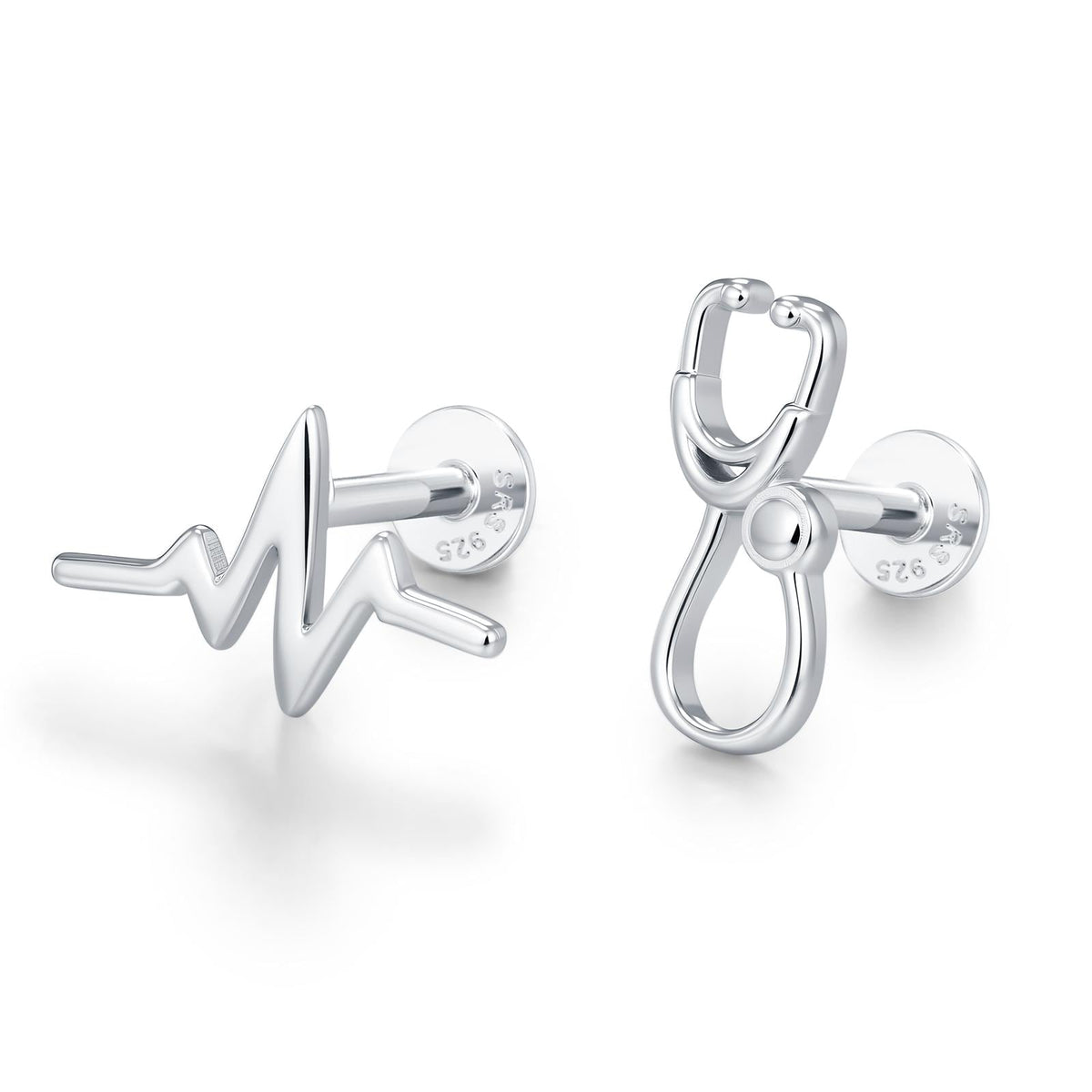 Sterling Silver Stethoscope and Heartbeat Flat Back Labret Earrings