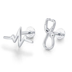 Sterling Silver Stethoscope and Heartbeat Flat Back Labret Earrings