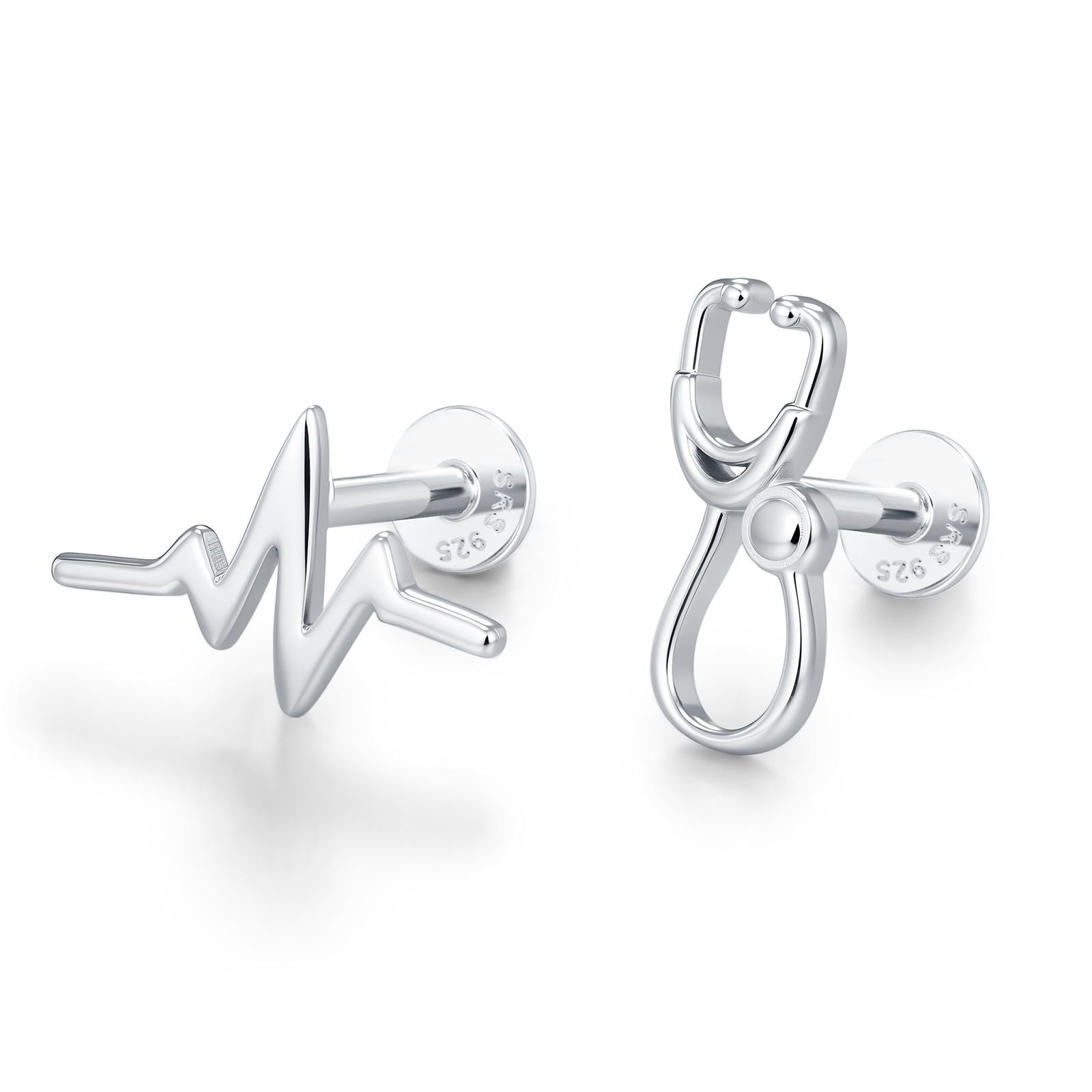 Sterling Silver Stethoscope and Heartbeat Flat Back Labret Earrings
