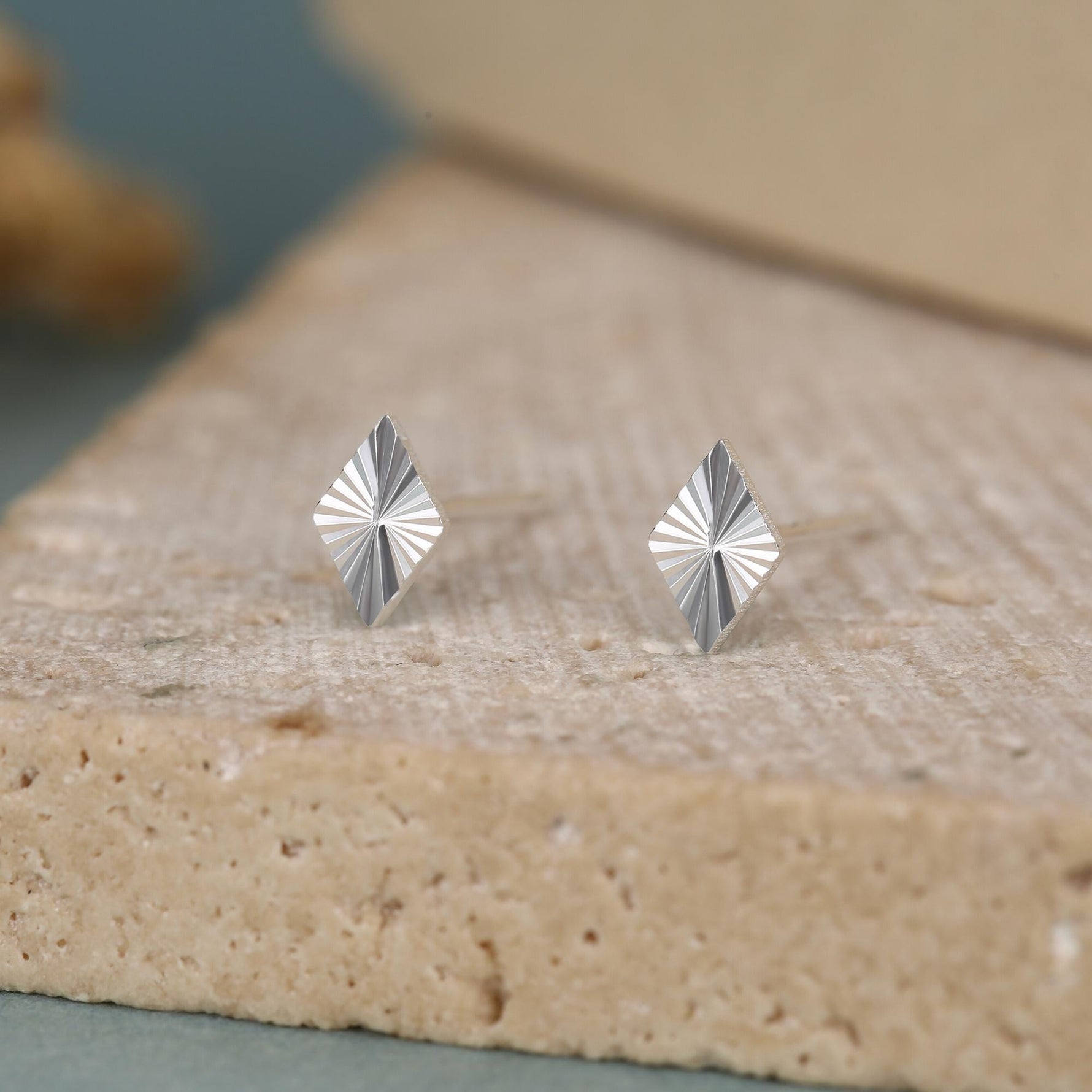 Sterling Silver Diamond Cut Rhombus Stud Earrings