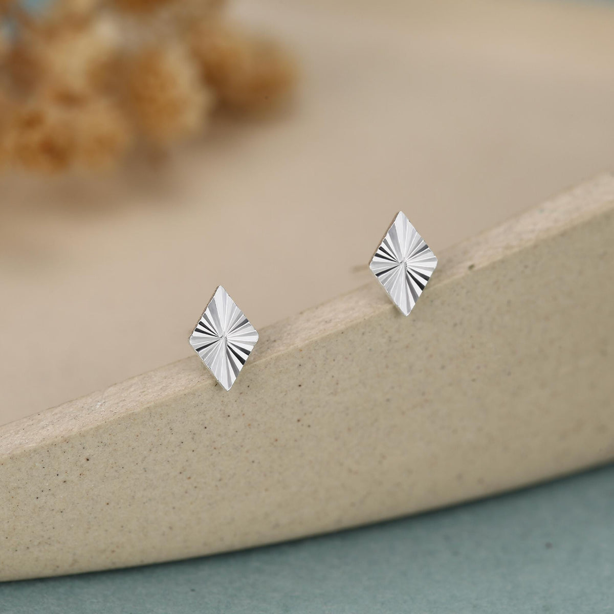 Sterling Silver Diamond Cut Rhombus Stud Earrings