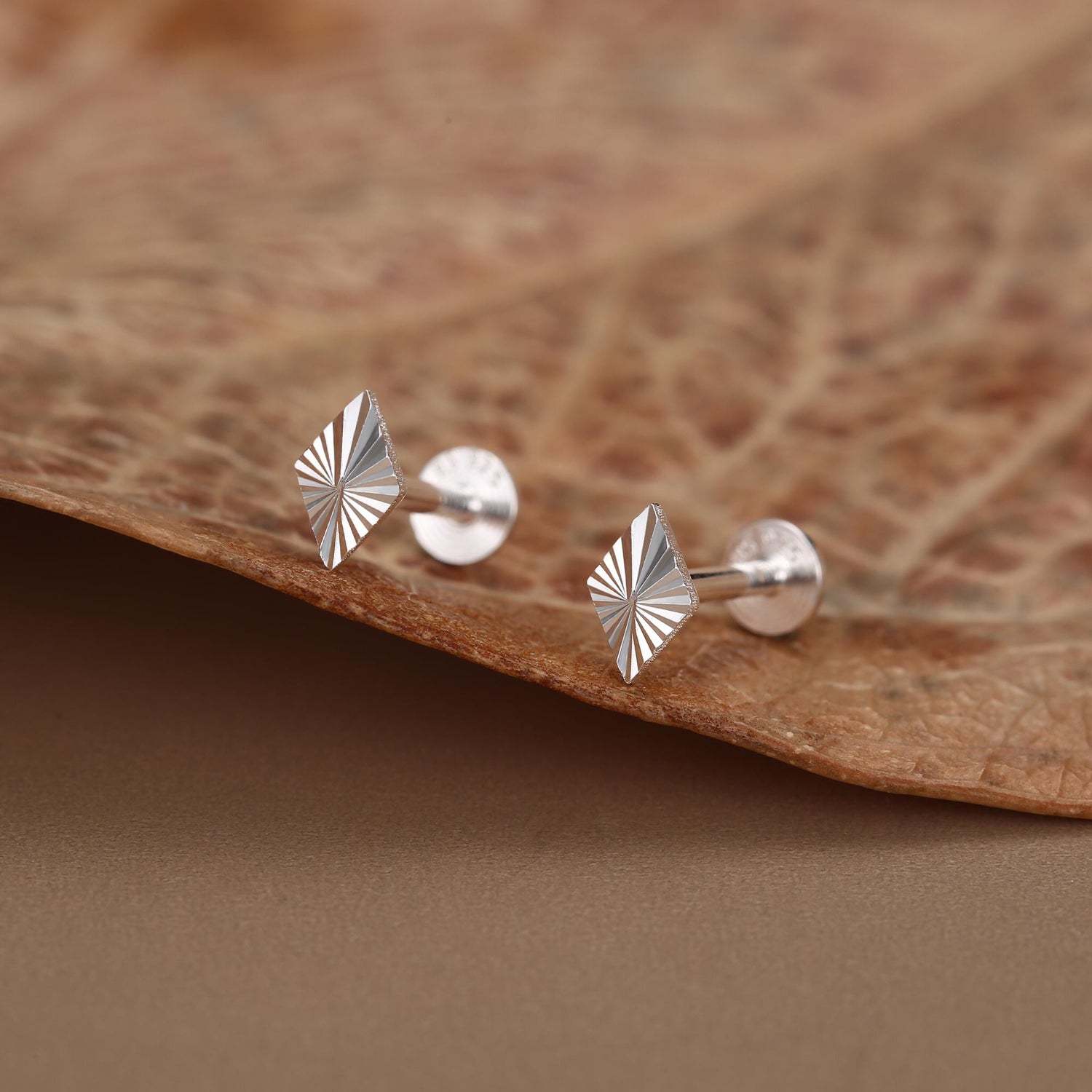 Sterling Silver Diamond Cut Rhombus 16G Flat Back Earrings