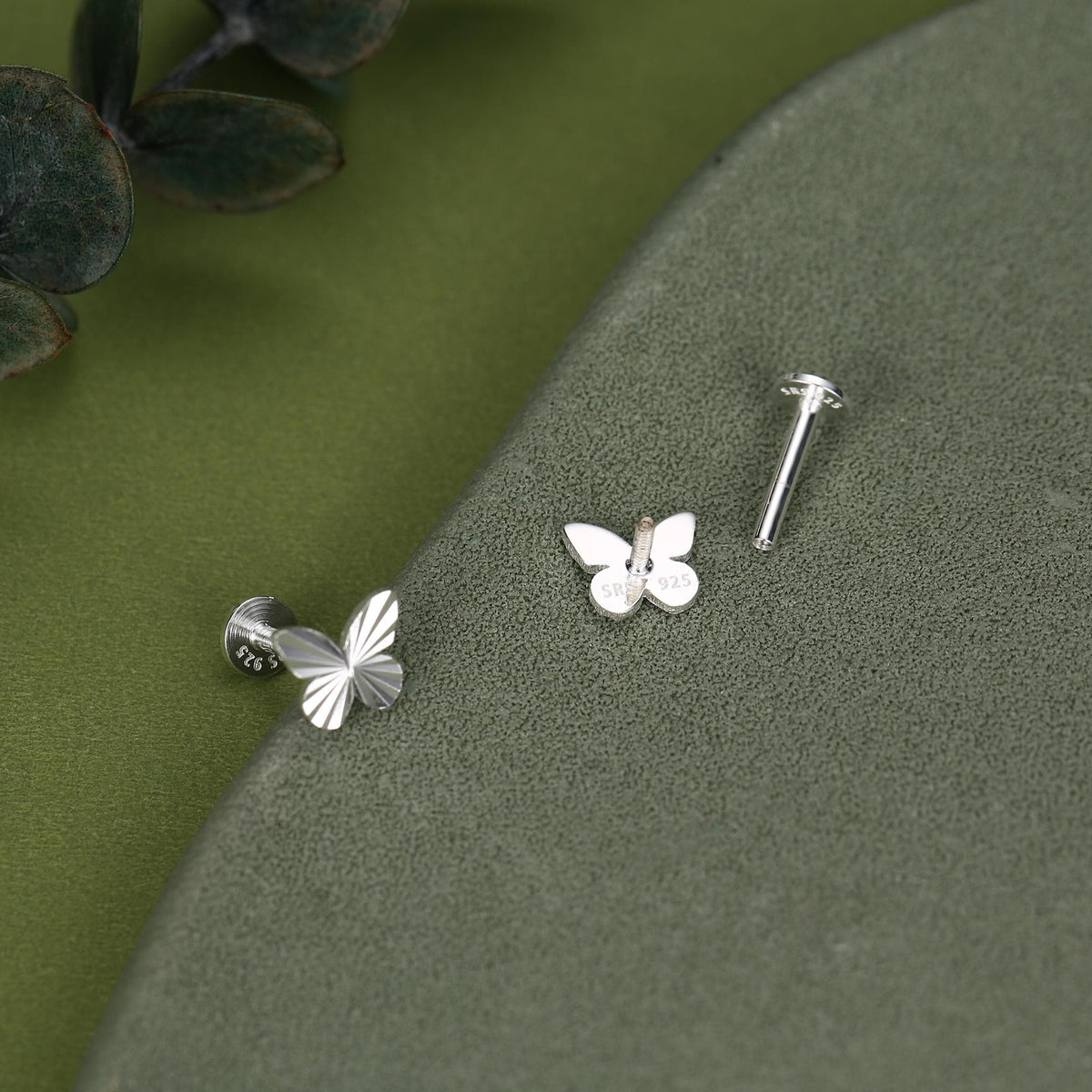 Sterling Silver Diamond Cut Sunburst Butterfly 16G Flat Back Earrings