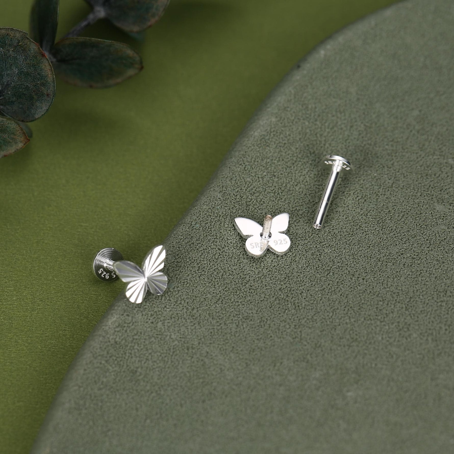 Sterling Silver Diamond Cut Sunburst Butterfly 16G Flat Back Earrings