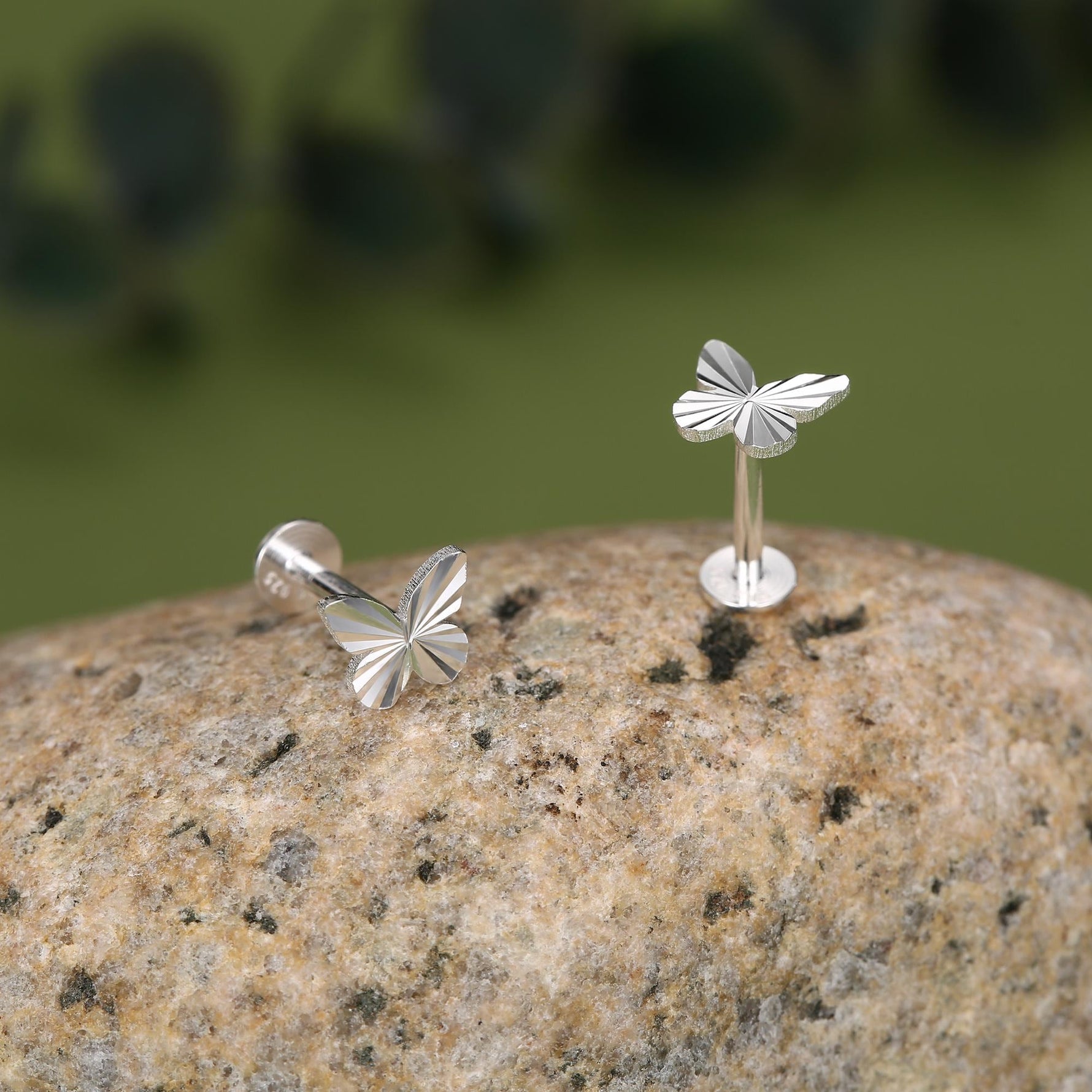 Sterling Silver Diamond Cut Sunburst Butterfly 16G Flat Back Earrings