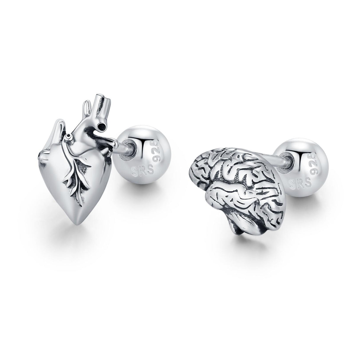 Sterling Silver Anatomical Heart and Brain Mismatched 18G Screw Back Earrings