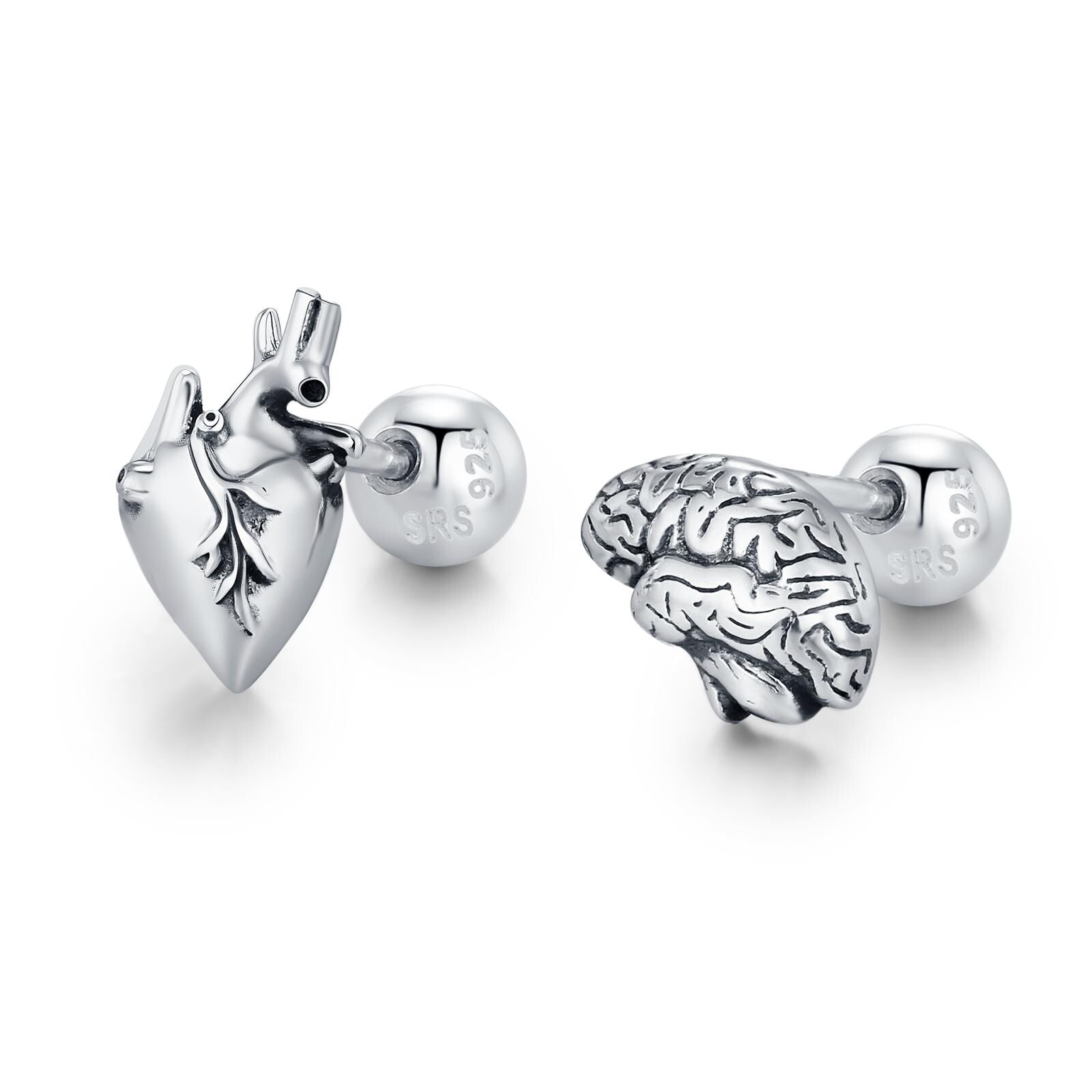 Sterling Silver Anatomical Heart and Brain Mismatched 18G Screw Back Earrings