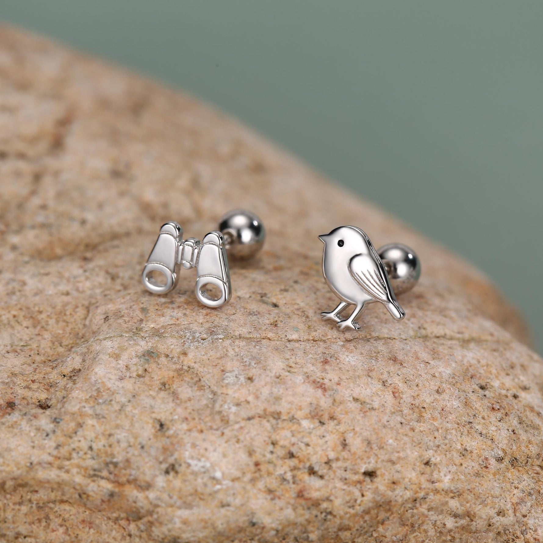 Sterling Silver Bird and Binoculars 18G Screw Back Mismatched Earrings
