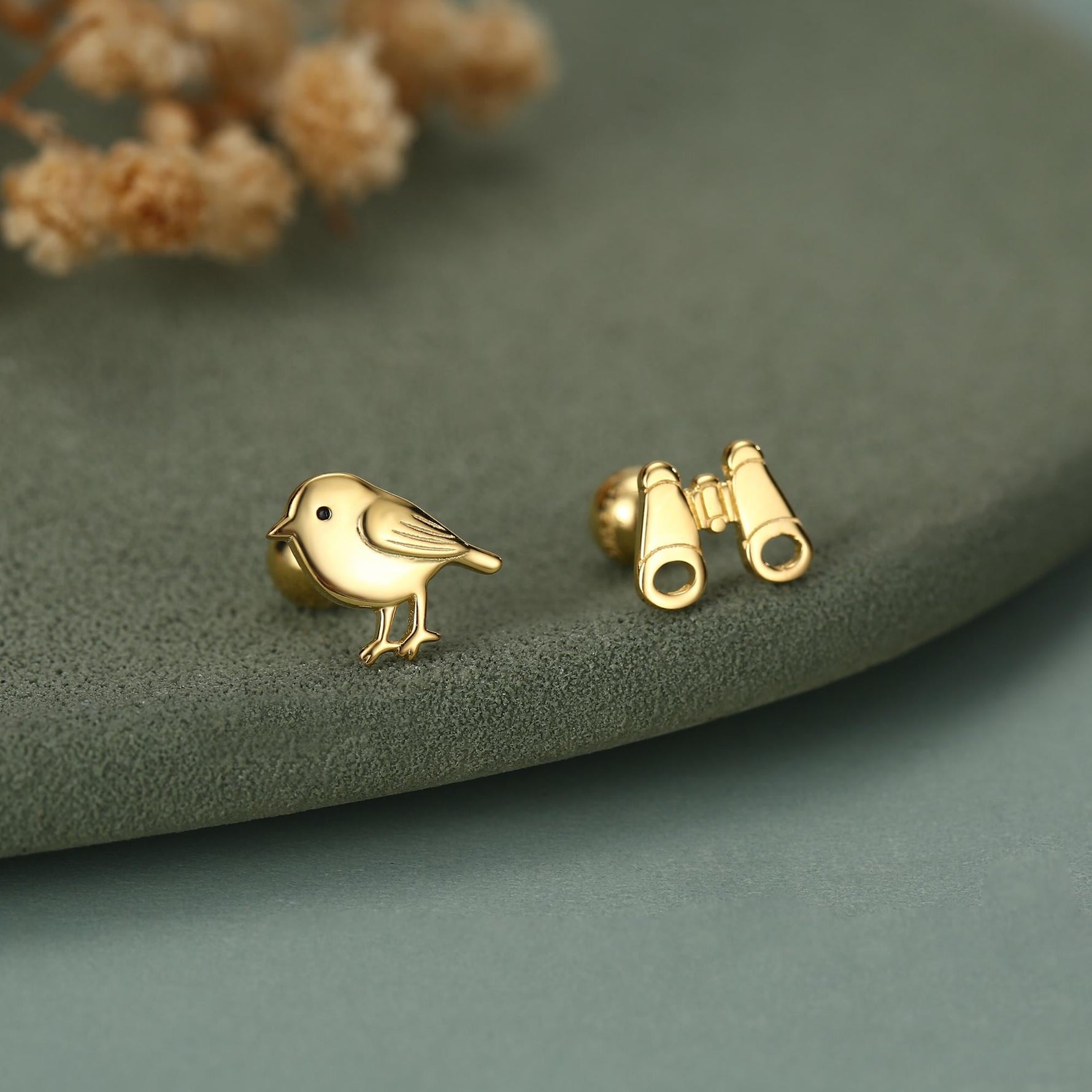 Sterling Silver Bird and Binoculars 18G Screw Back Mismatched Earrings