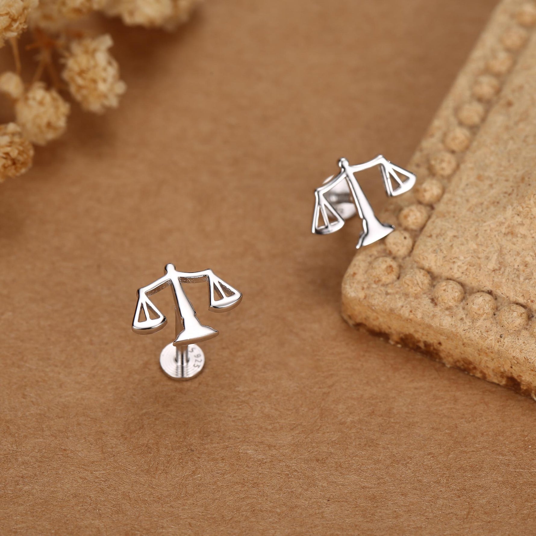 Sterling Silver Libra Scales 16G Flat Back Earrings