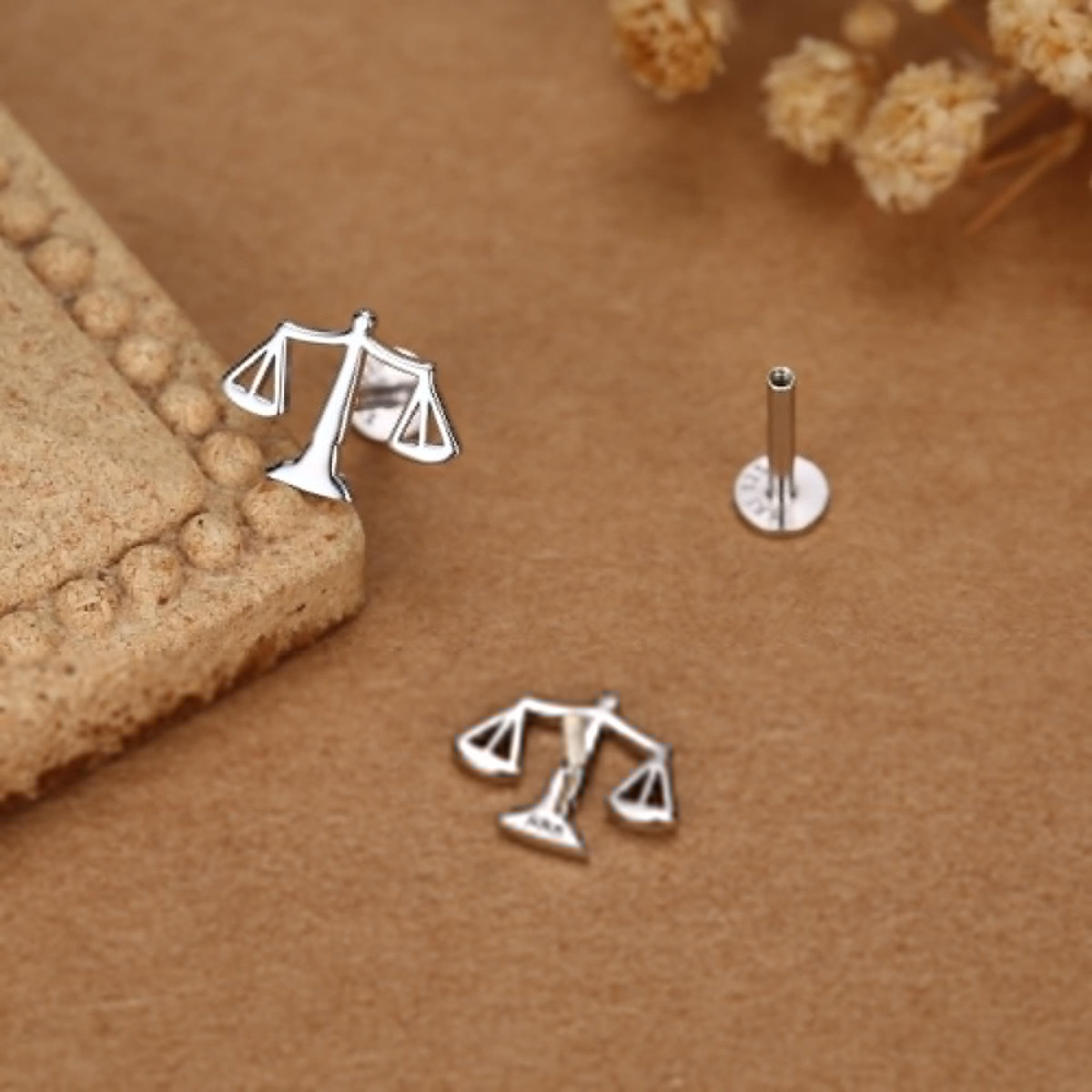 Sterling Silver Libra Scales 16G Flat Back Earrings