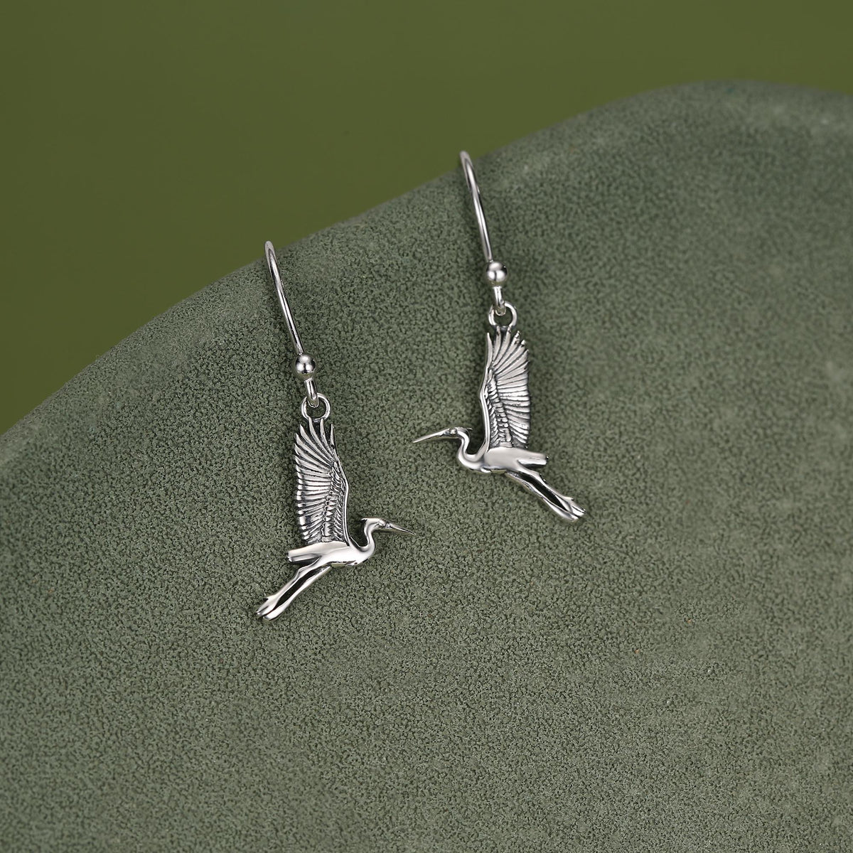 Sterling Silver Japanese Crane Drop Earrings