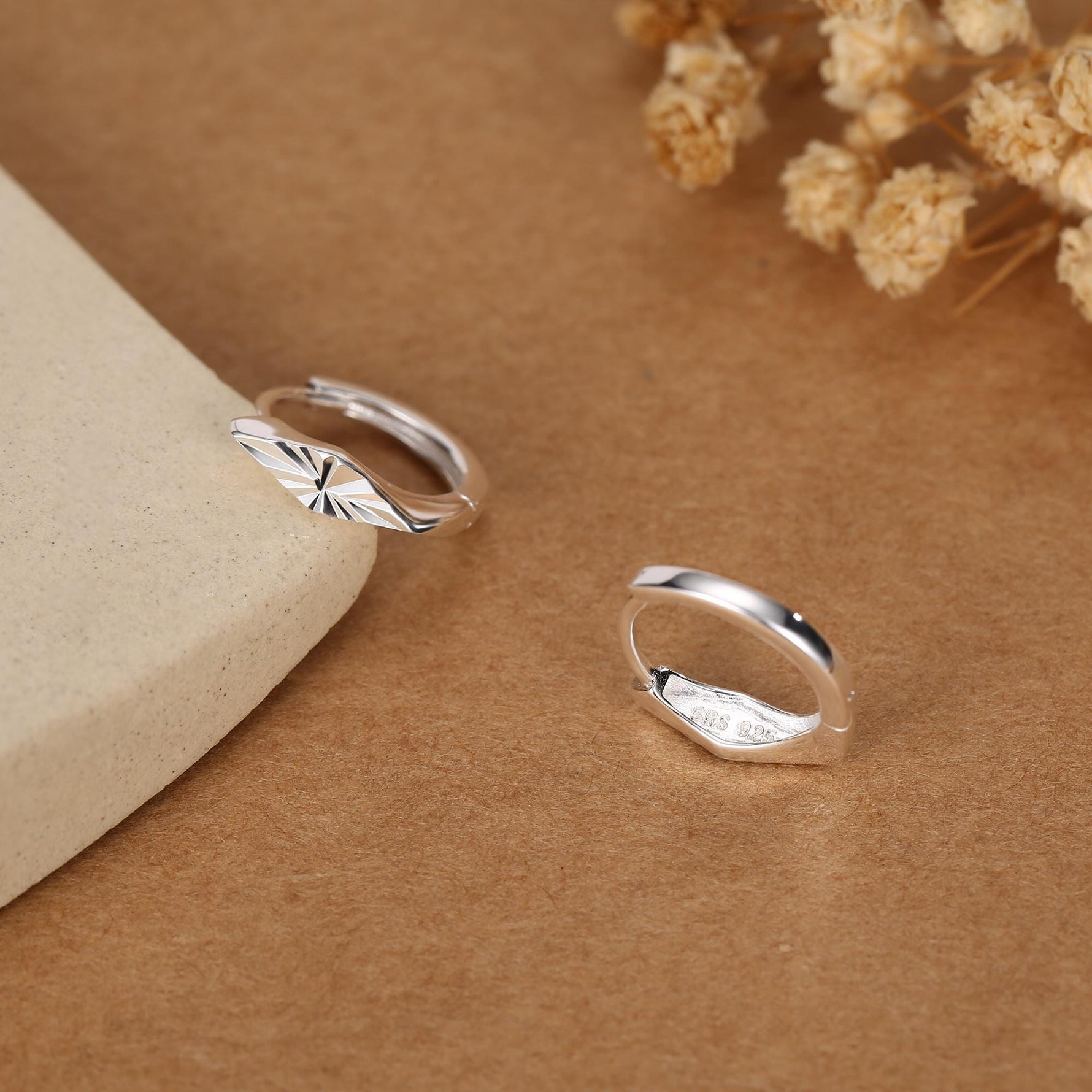 Sterling Silver Diamond Cut Rhombus Hoop Earrings