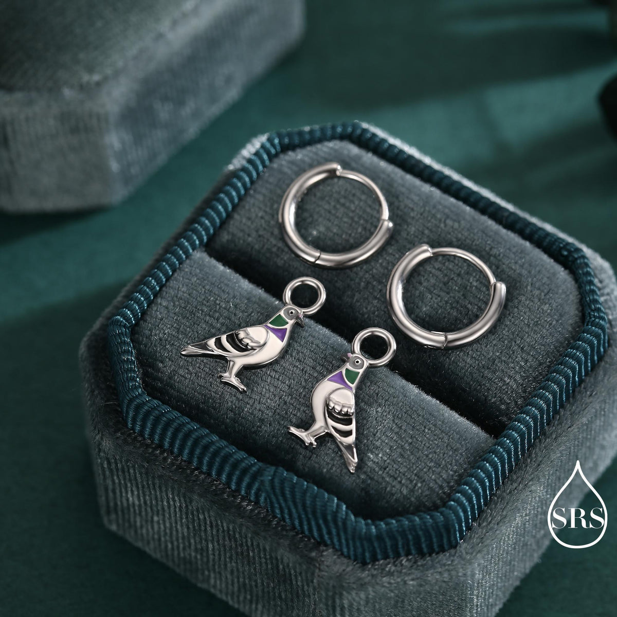 Pigeon Charm Hoops and Pendant Necklace in Sterling Silver, Rhodium Coated Cute Pigeon Necklace and Earrings, Nature Inspired