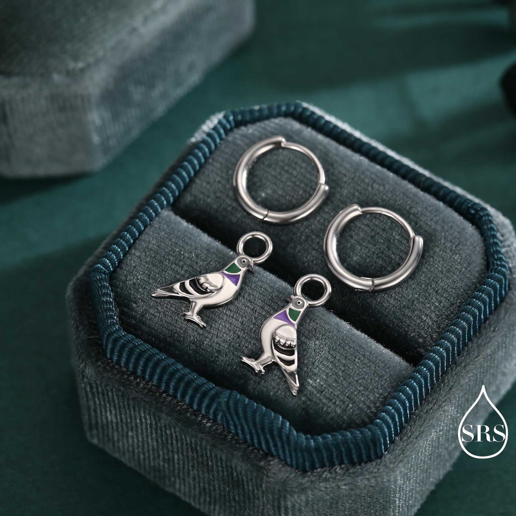 Pigeon Charm Hoops and Pendant Necklace in Sterling Silver, Rhodium Coated Cute Pigeon Necklace and Earrings, Nature Inspired