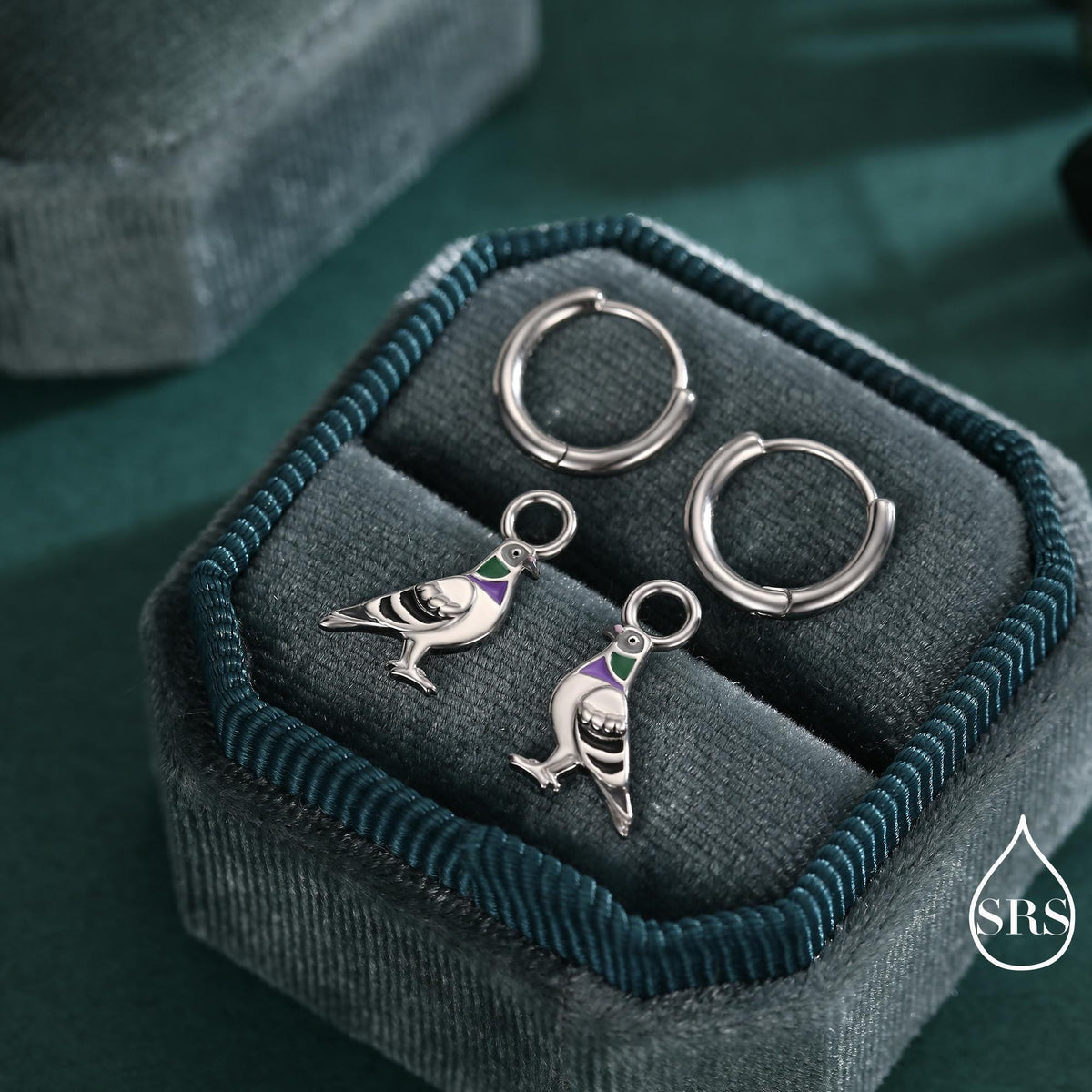 Pigeon Charm Hoops and Pendant Necklace in Sterling Silver, Rhodium Coated Cute Pigeon Necklace and Earrings, Nature Inspired