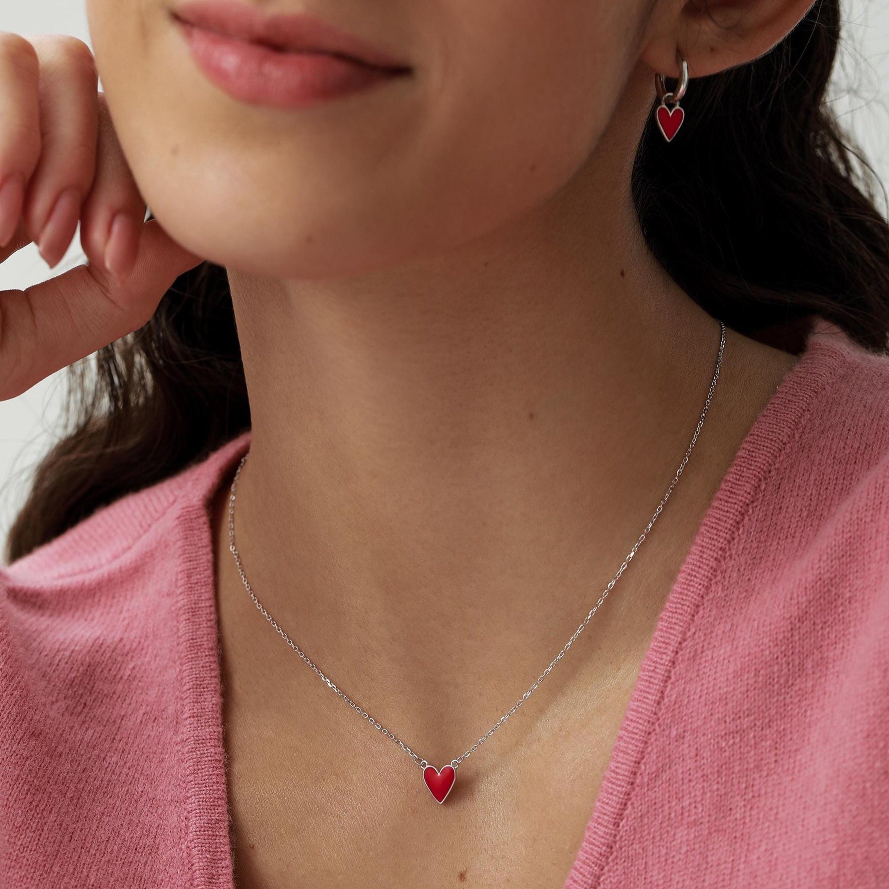 Red Enamel Heart Earrings in Sterling Silver, Detachable Heart Charm Dangle Hoop Earrings, Interchangeable