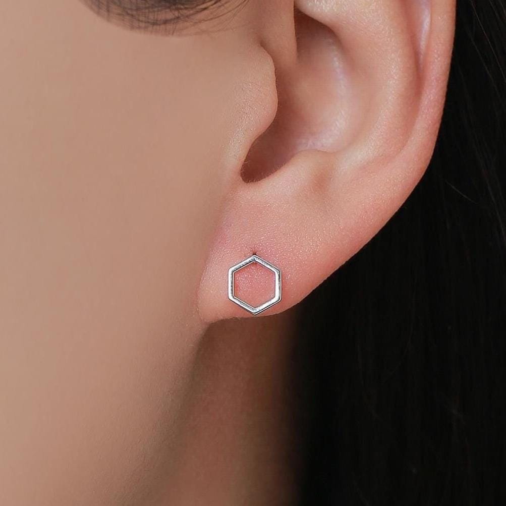 Open Hexagon Stud Earrings in Sterling Silver, Silver, Gold or Rose Gold, Minimalist Geometric Design