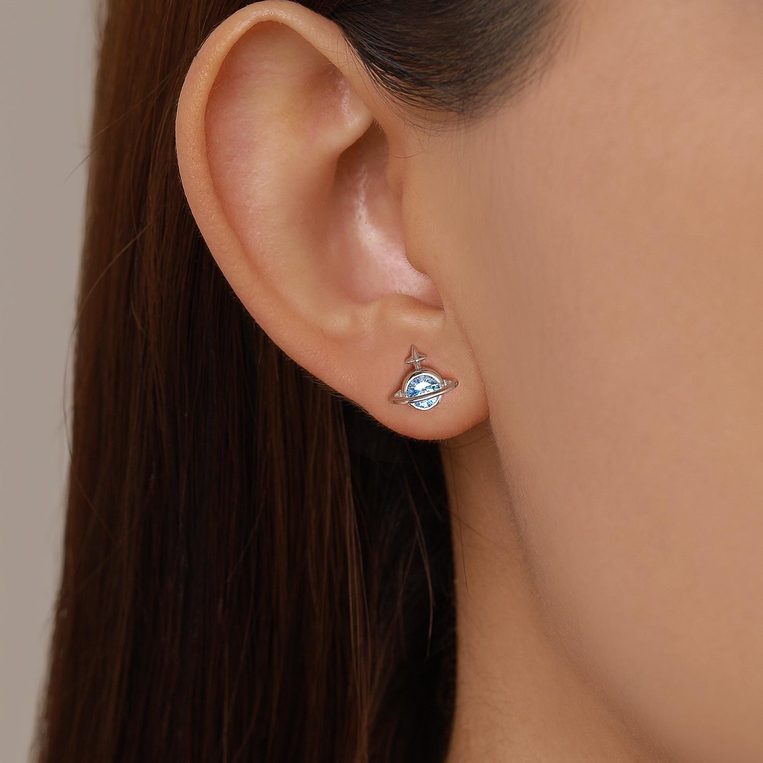 Blue CZ Saturn Planet Stud Earrings in Sterling Silver