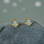 Blue CZ Saturn Planet Stud Earrings in Sterling Silver