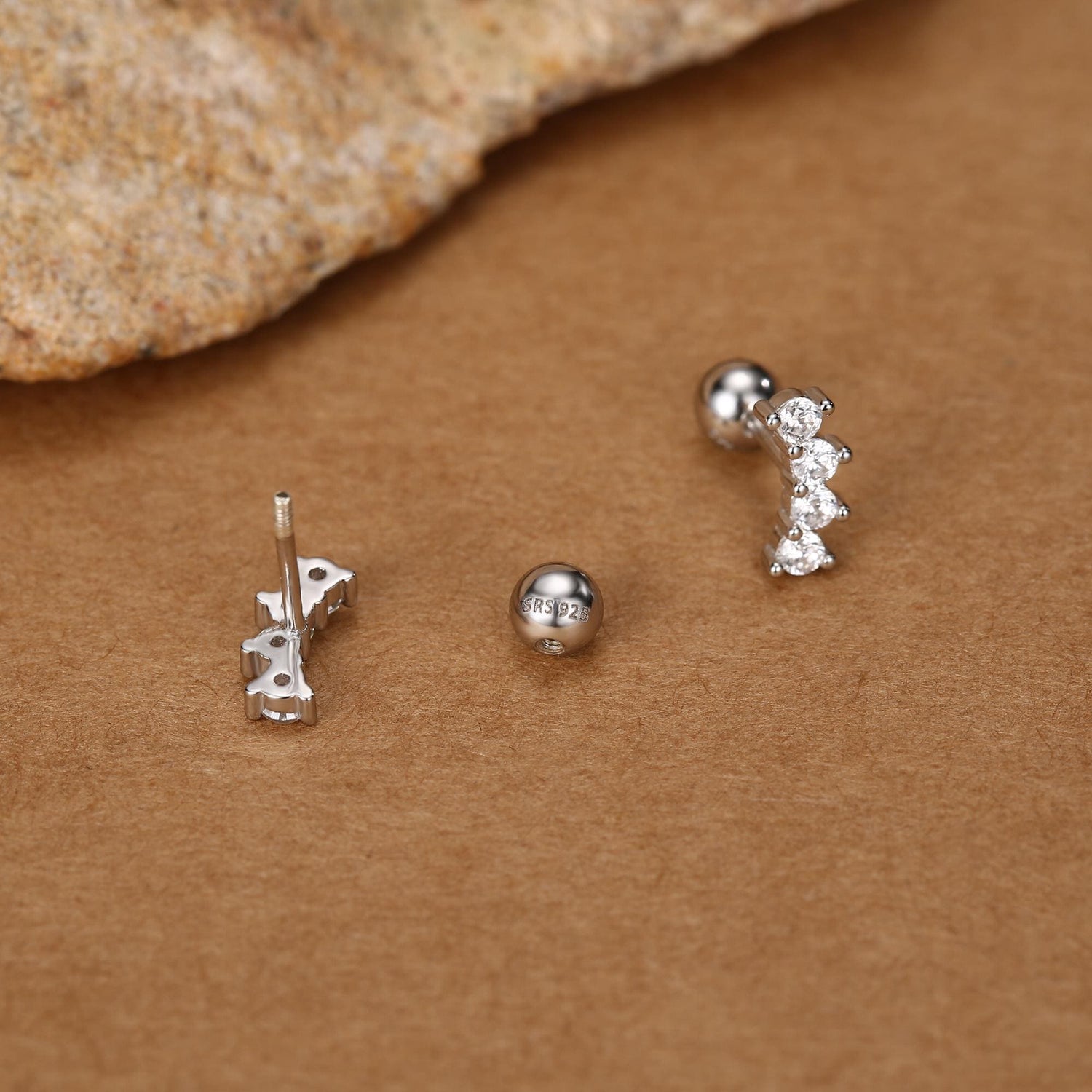 Sterling Silver Mini CZ Bar Screw Back Earrings with Ball Ends