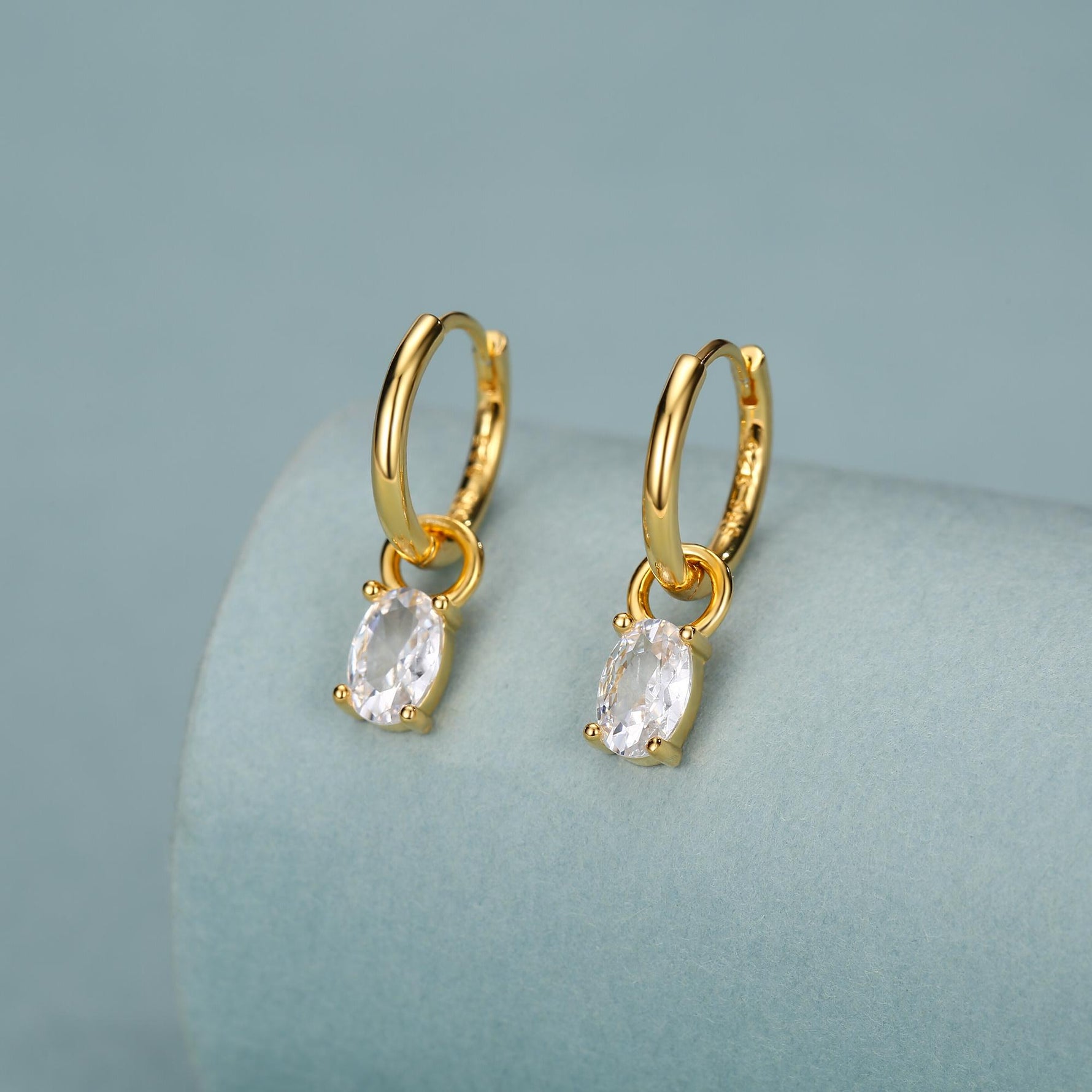 Oval CZ Huggie Hoop in Sterling Silver, Silver or Gold, Minimalist Simple Hoop Earrings, Detachable and Interchangeable
