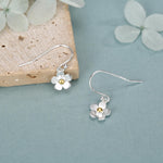 Tiny Forget Me Not Flower Drop Hook Earrings in Sterling Silver, Partial Gold, Flower hoop Earrings, Daisy Floral Earrings