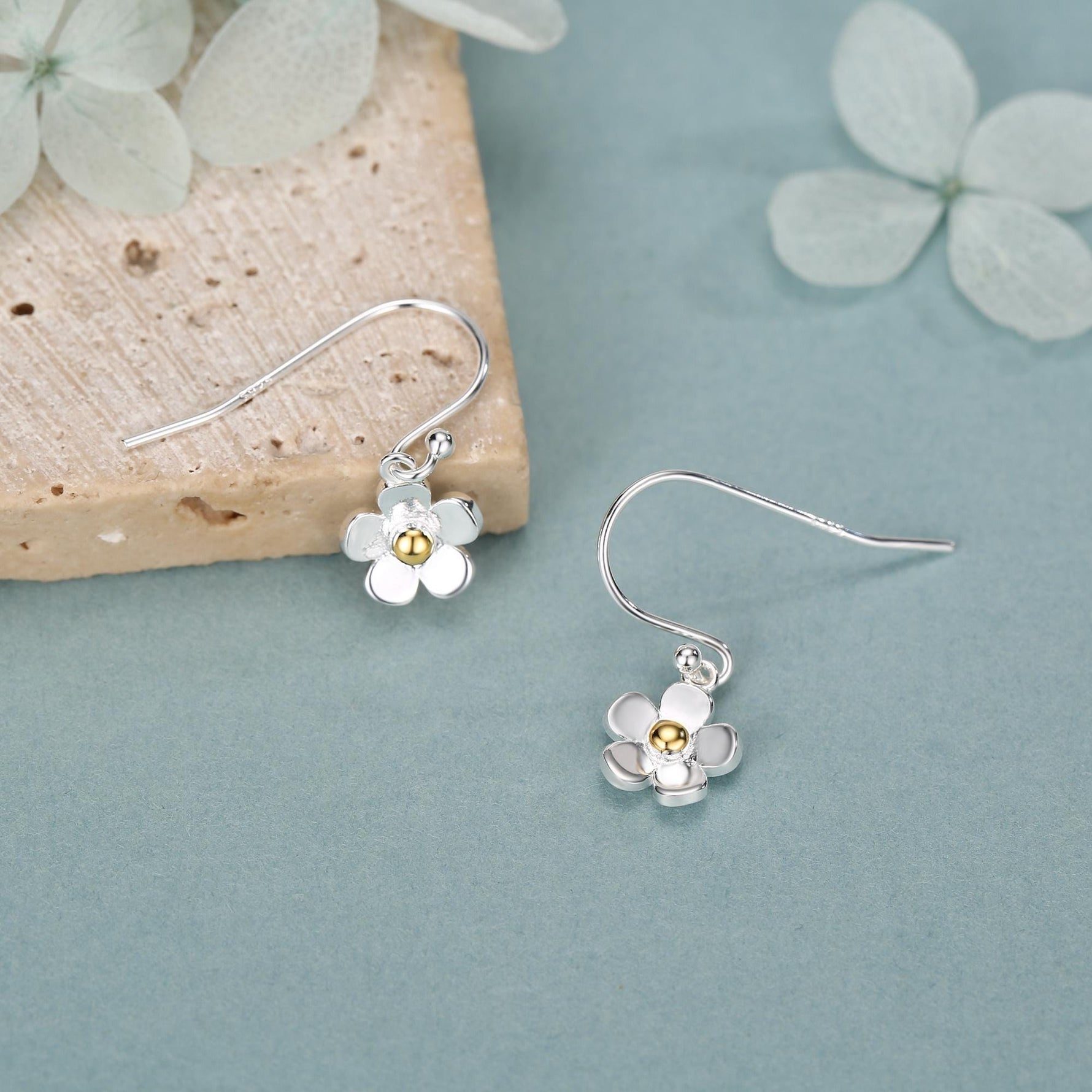 Tiny Forget Me Not Flower Drop Hook Earrings in Sterling Silver, Partial Gold, Flower hoop Earrings, Daisy Floral Earrings