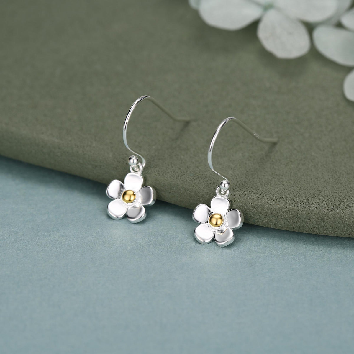 Tiny Forget Me Not Flower Drop Hook Earrings in Sterling Silver, Partial Gold, Flower hoop Earrings, Daisy Floral Earrings