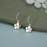 Tiny Forget Me Not Flower Drop Hook Earrings in Sterling Silver, Partial Gold, Flower hoop Earrings, Daisy Floral Earrings