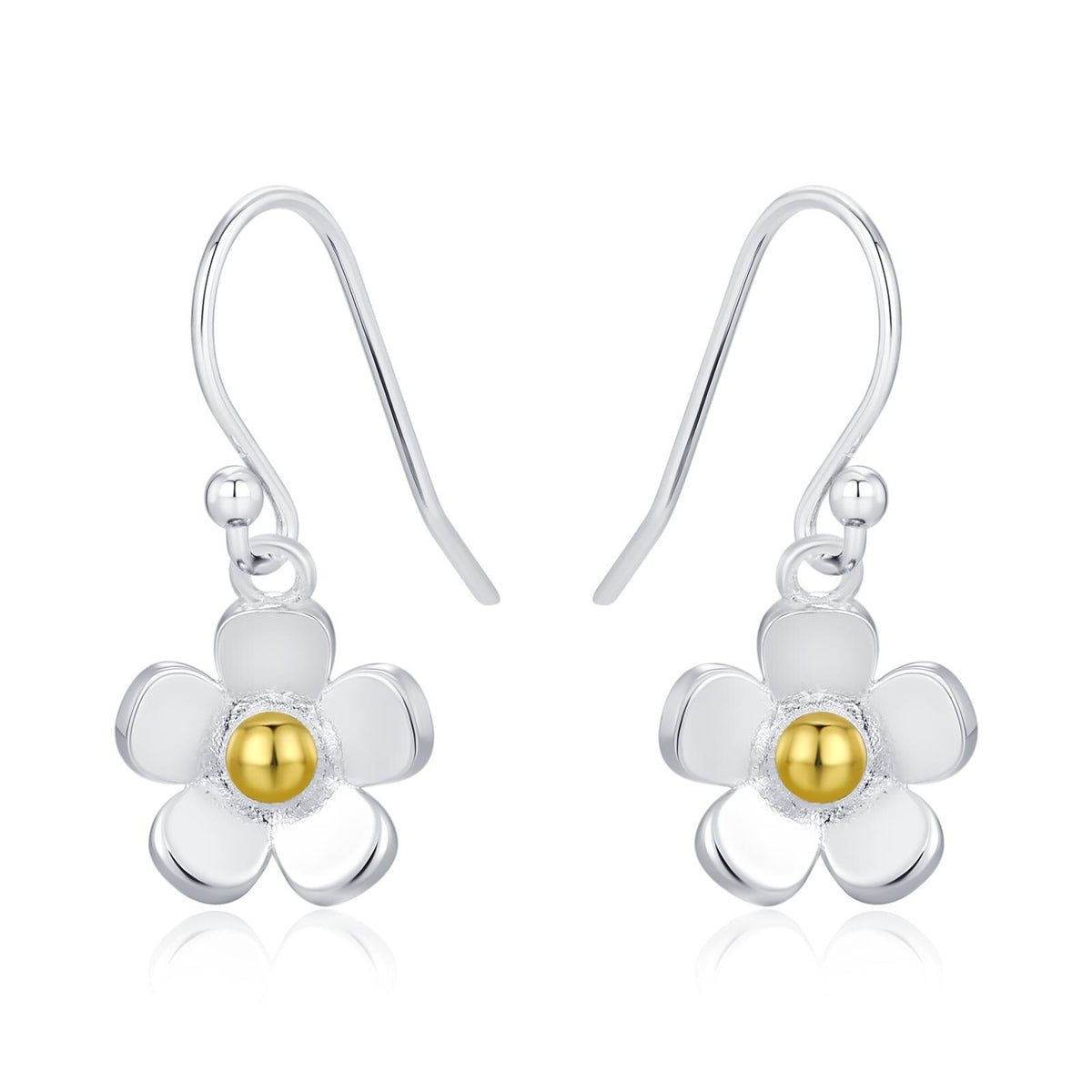 Tiny Forget Me Not Flower Drop Hook Earrings in Sterling Silver, Partial Gold, Flower hoop Earrings, Daisy Floral Earrings