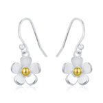 Tiny Forget Me Not Flower Drop Hook Earrings in Sterling Silver, Partial Gold, Flower hoop Earrings, Daisy Floral Earrings