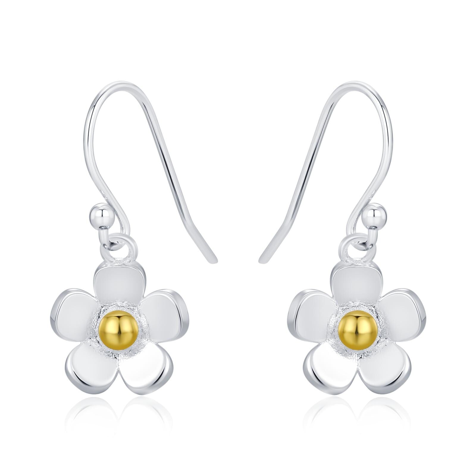 Tiny Forget Me Not Flower Drop Hook Earrings in Sterling Silver, Partial Gold, Flower hoop Earrings, Daisy Floral Earrings
