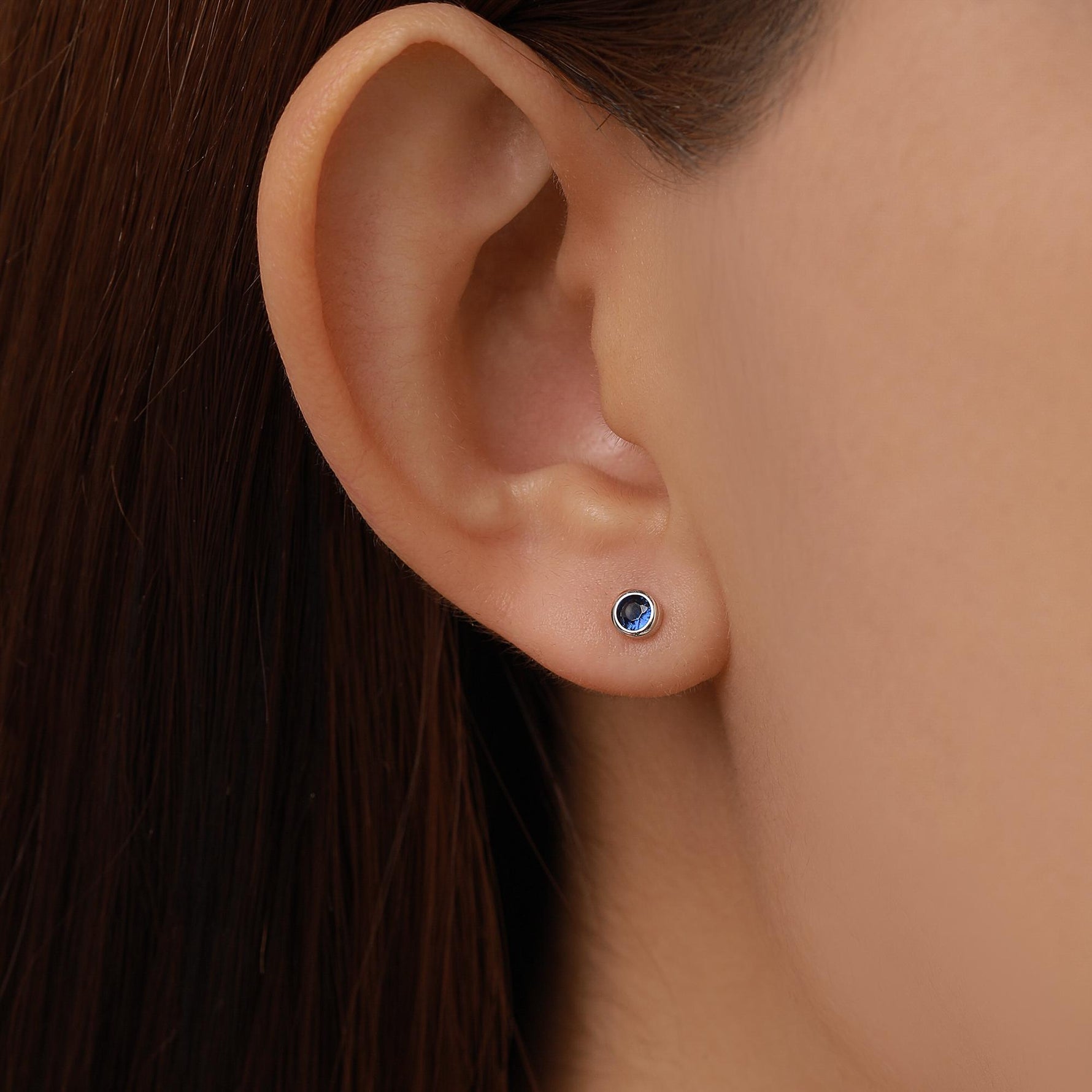 Sapphire Blue CZ Bezel Stud Earrings in Sterling Silver, Available in 3mm, 4mm, 5mm, Brilliant Cut CZ Earrings, Minimal CZ Stud