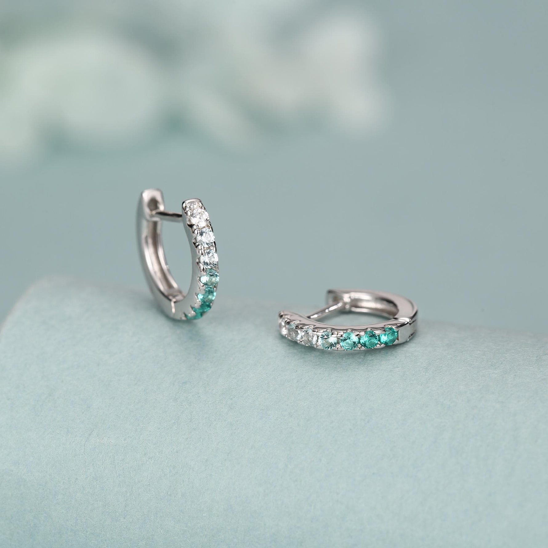 Emerald Green Ombre CZ Huggie Hoops in Sterling Silver, Silver or Gold, Minimalist Hoop Earrings, 8mm Hoops, cartilage hoops, Gradient