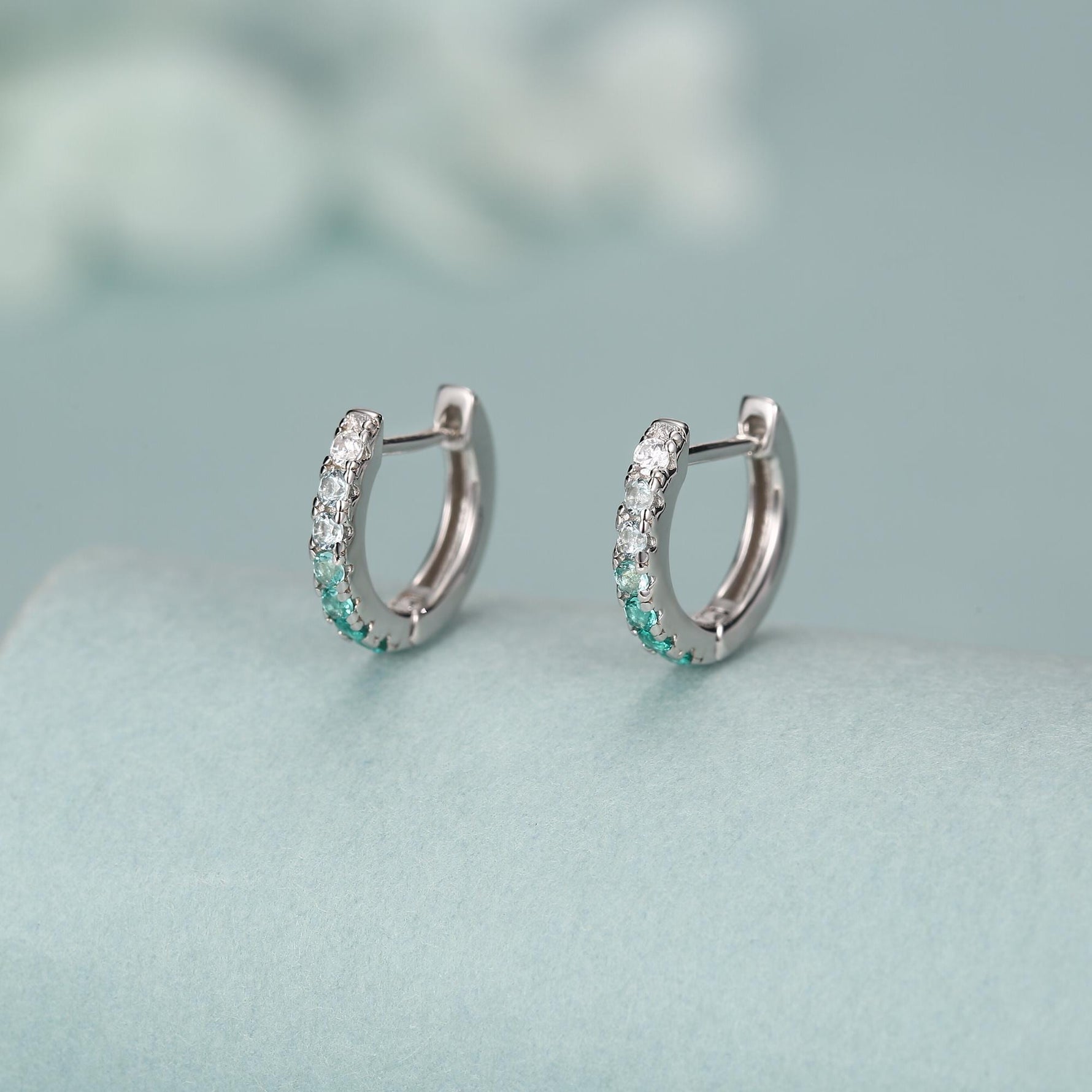 Emerald Green Ombre CZ Huggie Hoops in Sterling Silver, Silver or Gold, Minimalist Hoop Earrings, 8mm Hoops, cartilage hoops, Gradient