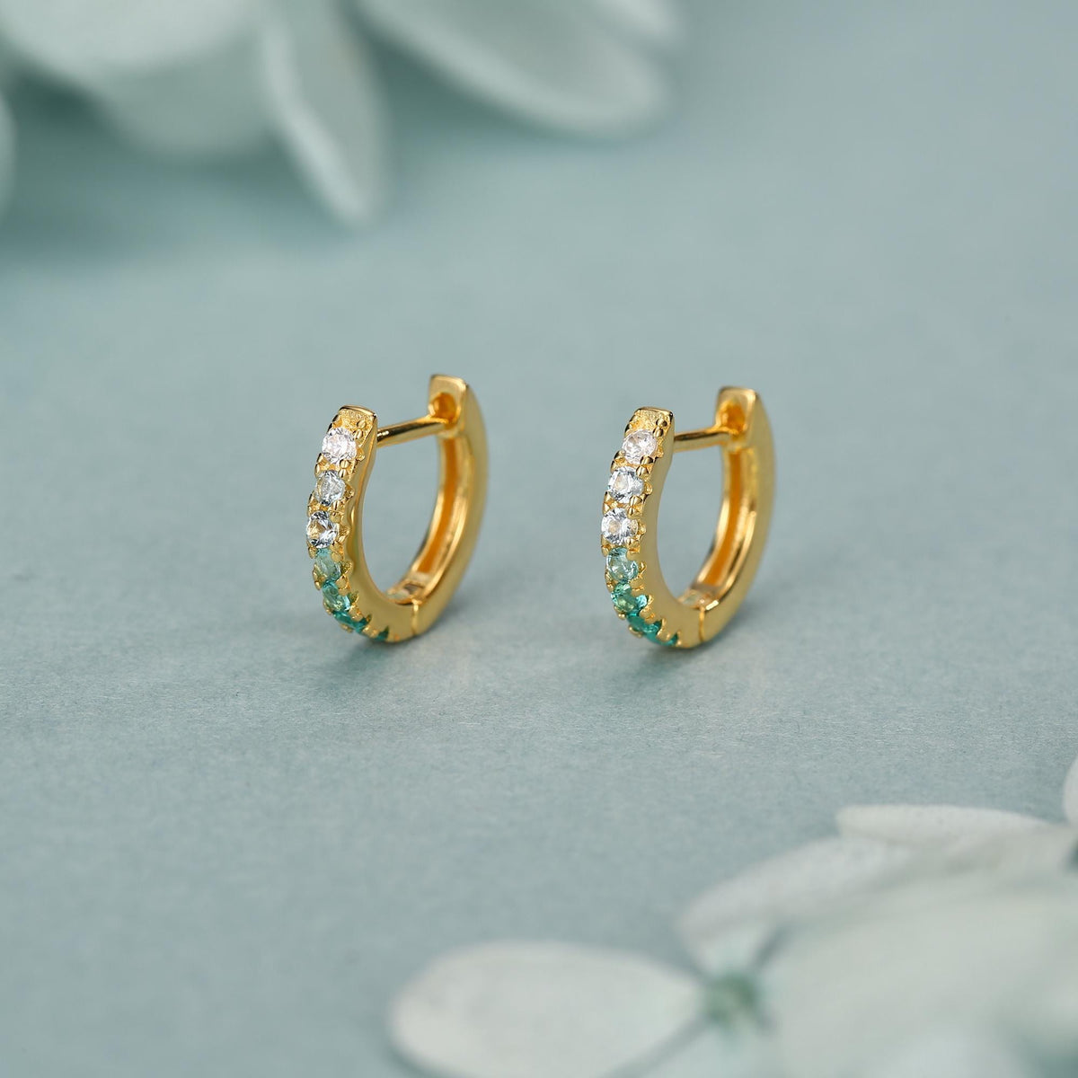 Emerald Green Ombre CZ Huggie Hoops in Sterling Silver, Silver or Gold, Minimalist Hoop Earrings, 8mm Hoops, cartilage hoops, Gradient