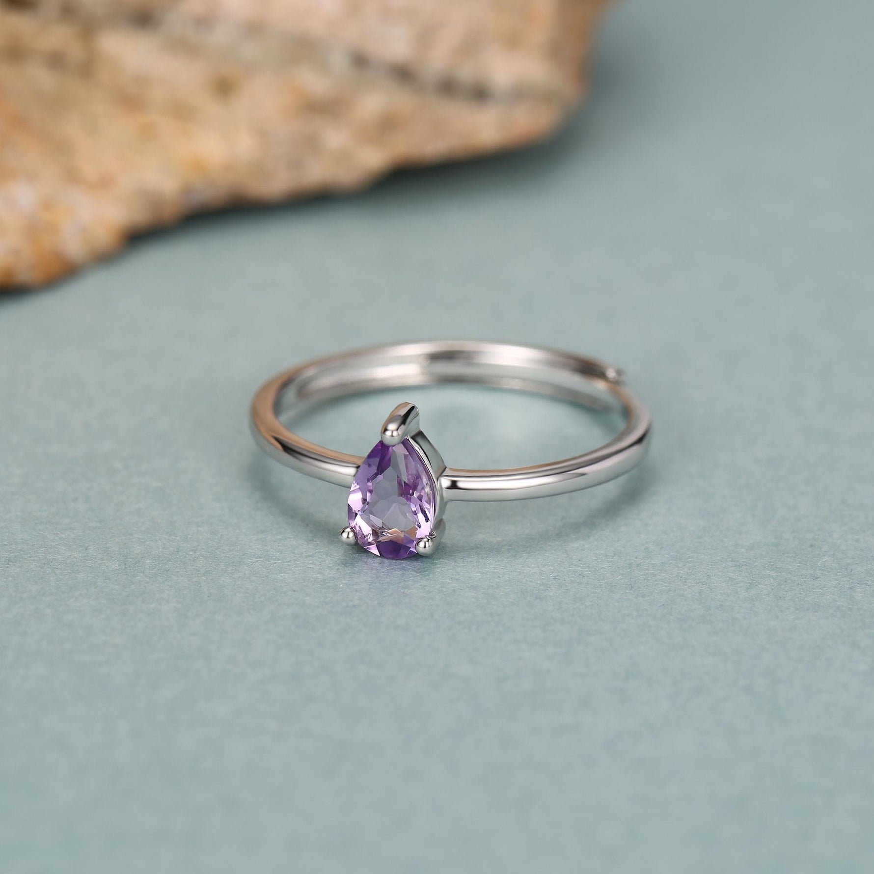 Amethyst Prong Set Pear Cut Droplet Gemstone Ring