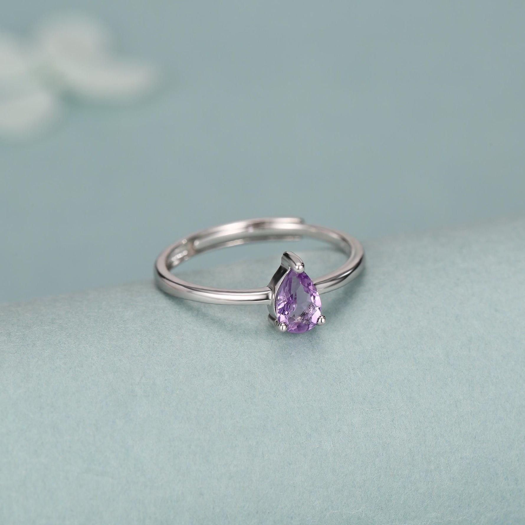 Amethyst Prong Set Pear Cut Droplet Gemstone Ring