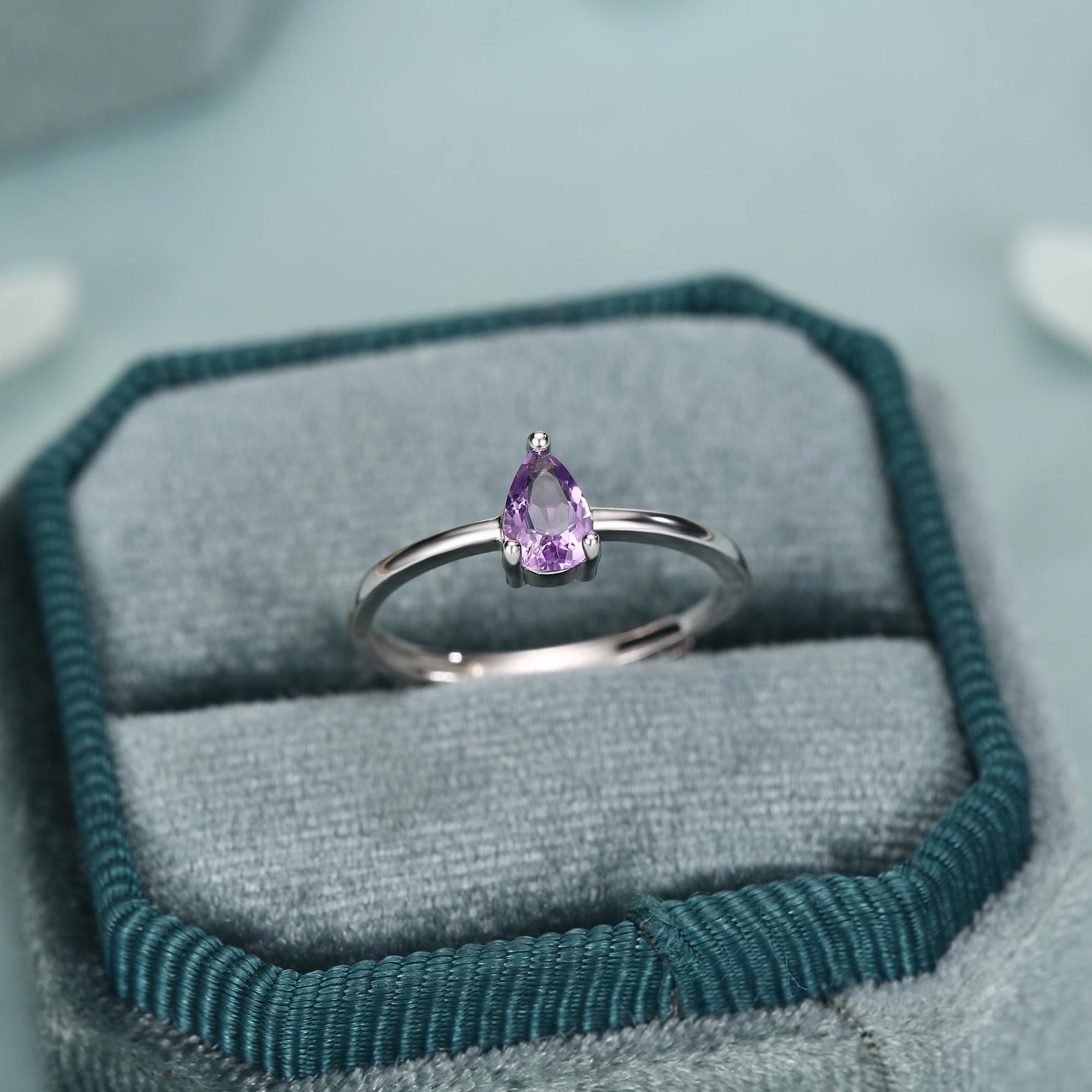 Amethyst Prong Set Pear Cut Droplet Gemstone Ring