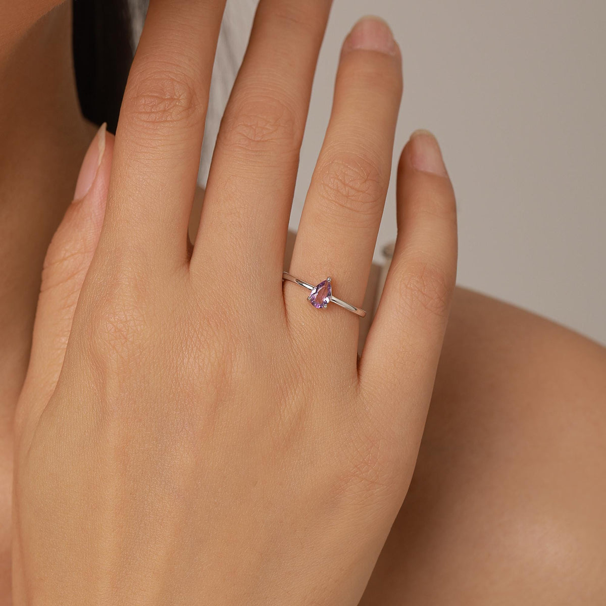 Amethyst Prong Set Pear Cut Droplet Gemstone Ring