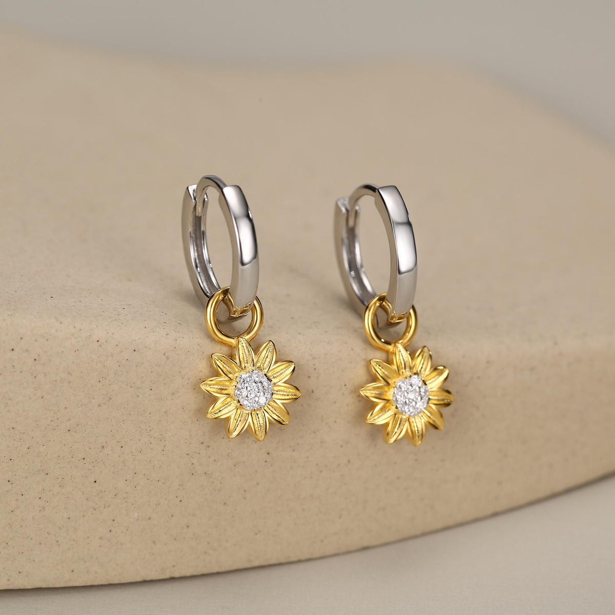 Sterling Silver Sunflower Huggie Hoops, Dainty Dangle Sunflower Earrings, Flower Hoops, Detachable and Interchangeable Hoops
