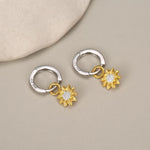Sterling Silver Sunflower Huggie Hoops, Dainty Dangle Sunflower Earrings, Flower Hoops, Detachable and Interchangeable Hoops